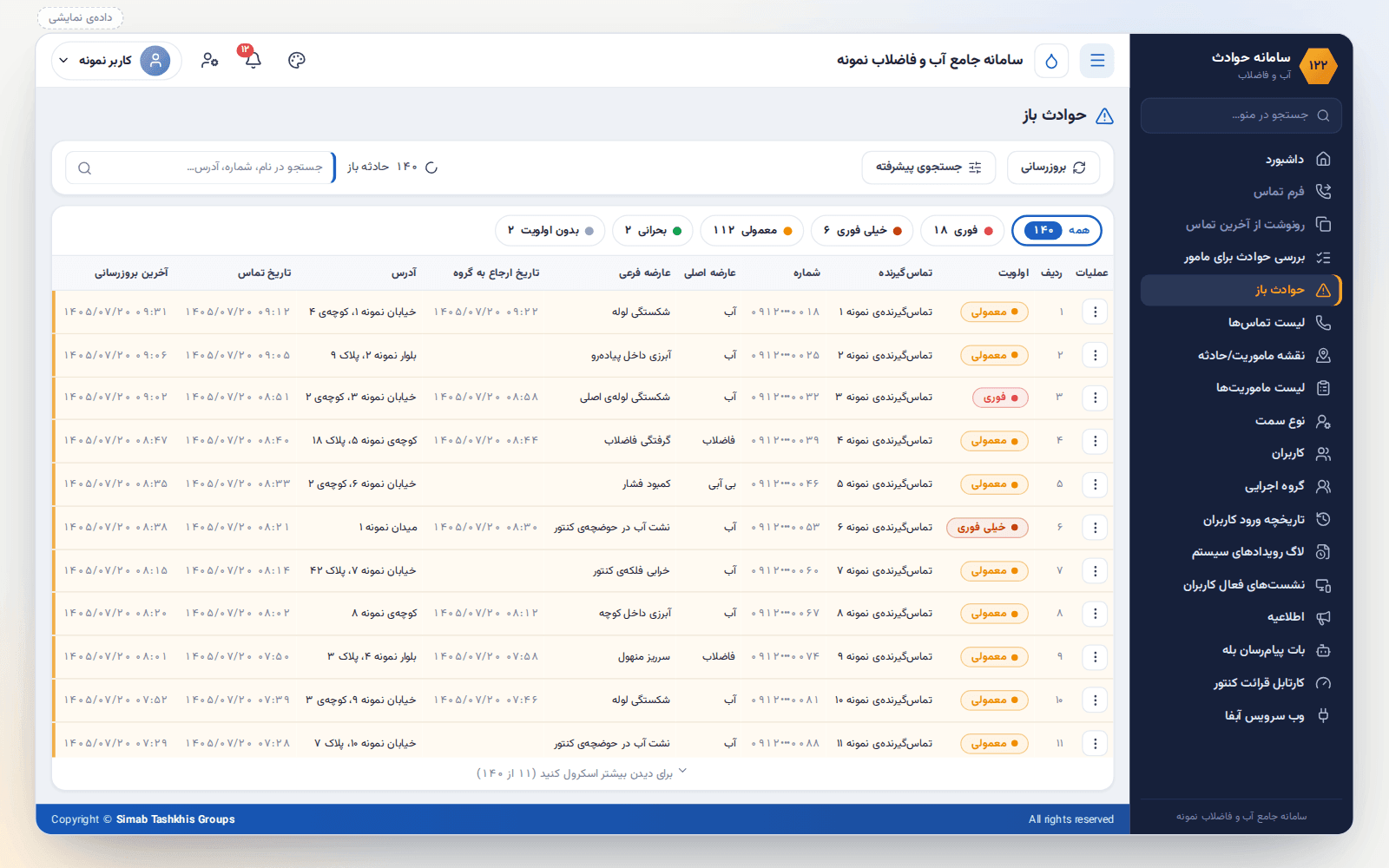 فهرست حوادث باز با فیلتر اولویت (فوری، خیلی فوری، معمولی، بحرانی) و ستونهای تماسگیرنده، عارضه، آدرس و تاریخها (دادهی نمایشی)