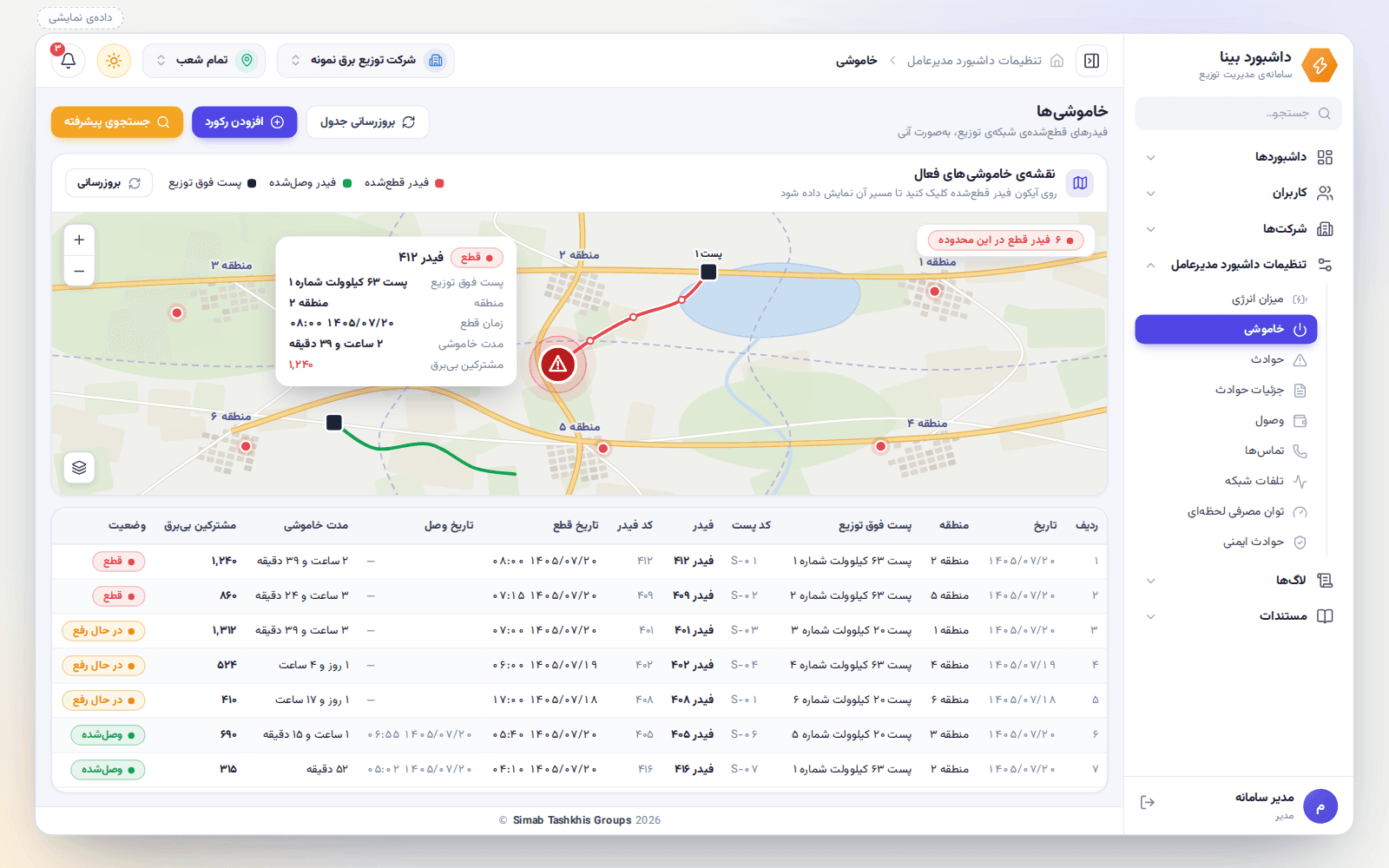 صفحه‌ی خاموشی‌های بینا: نقشه با مسیر قرمز فیدر قطع تا محل خطا و کارت جزئیات آن، و جدول خاموشی‌ها با پست، فیدر، زمان قطع و وصل، مدت، مشترکین بی‌برق و وضعیت (داده‌ی نمایشی)