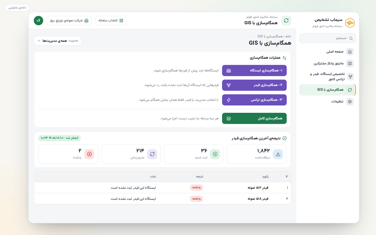 صفحهی همگامسازی ایستگاه، فیدر و ترانس با GIS (دادهی نمایشی)