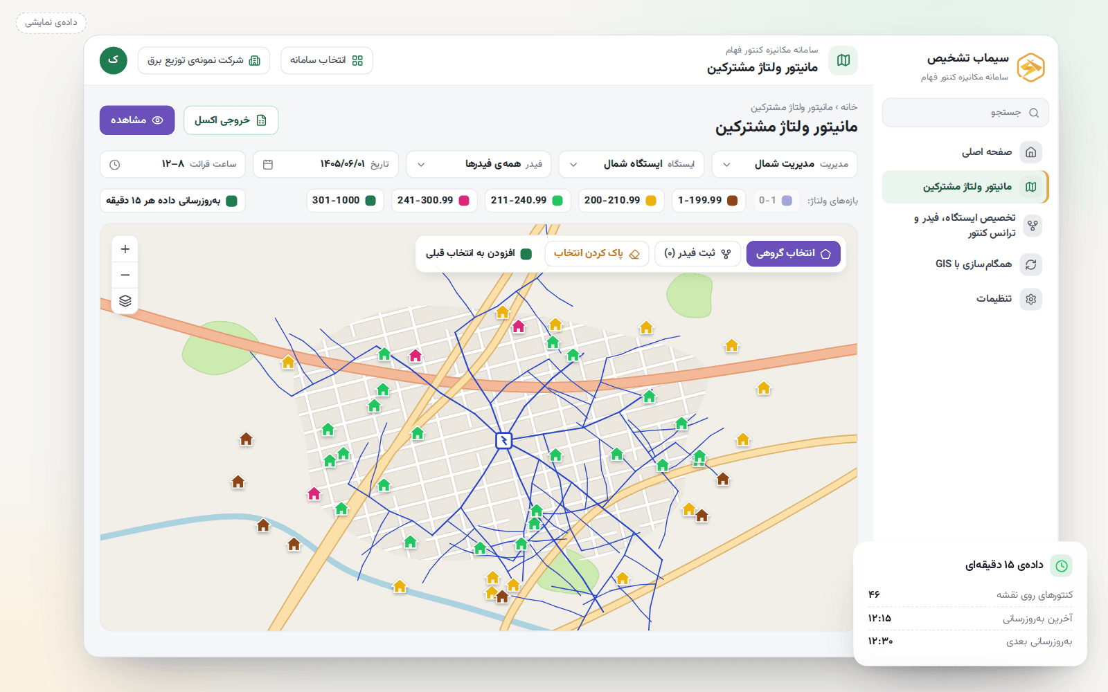 نقشهی ولتاژ مشترکین با رنگ بازههای ولتاژ (دادهی نمایشی)